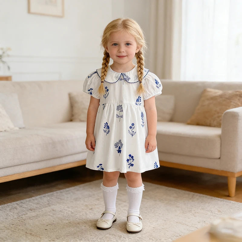 Summer New Style 2-6Y Girl Dress Korean Embroidered Short Sleeve Baby Clothes Children's Dress Girls Retro Sister Dress
