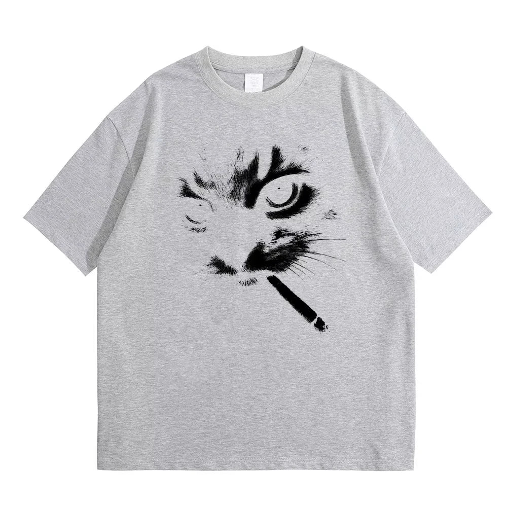 Funny Meme Smoking Cat Face Graphic T-Shirts Men Women'S Casual Cotton Vintage T Shirts Men'S Oversized T-Shirts Cats Lovers Gifts