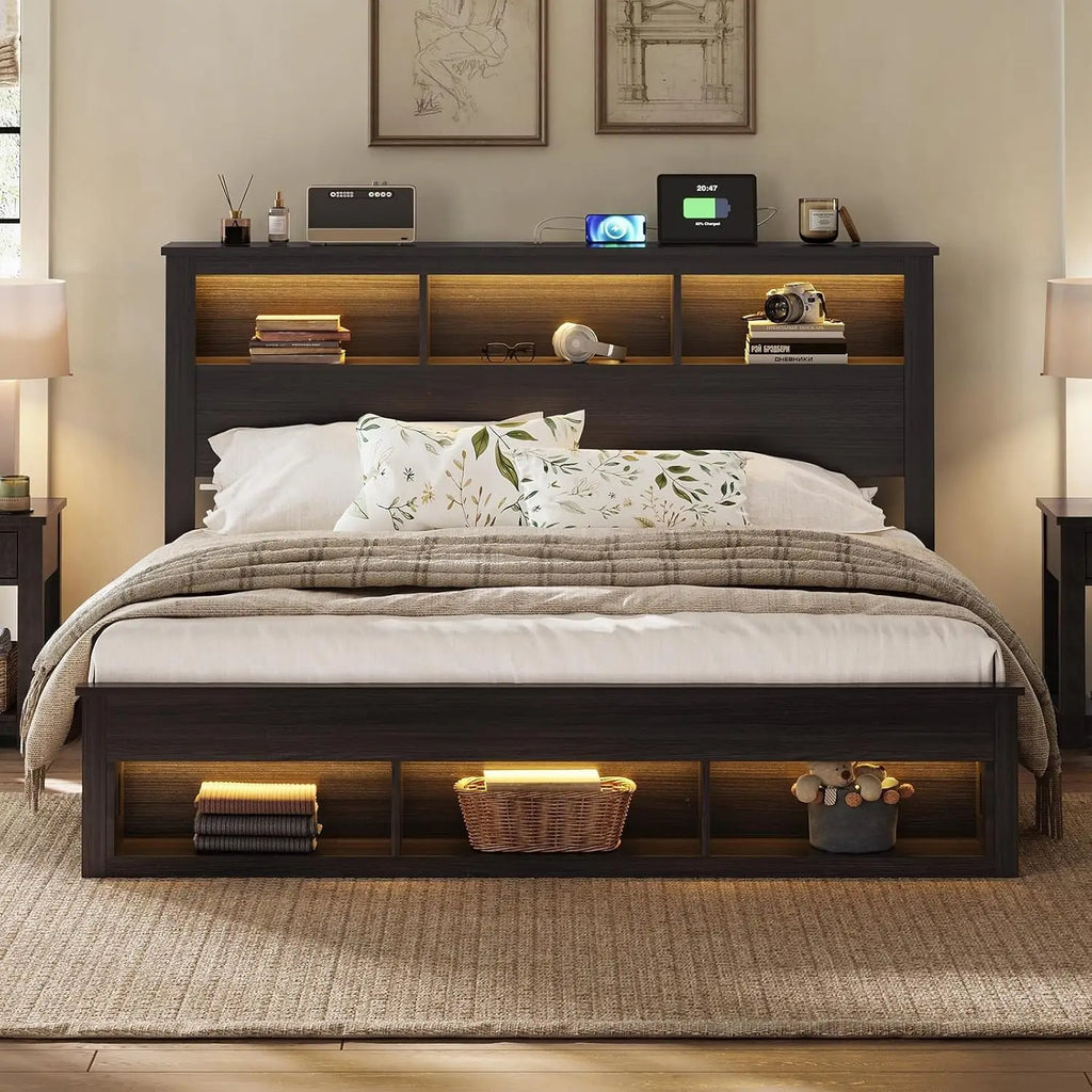 King Bed Frame with 47.2” Bookcase Storage Headboard & Footboard, Farmhouse Wooden Platform Bed with LED Light, Custom