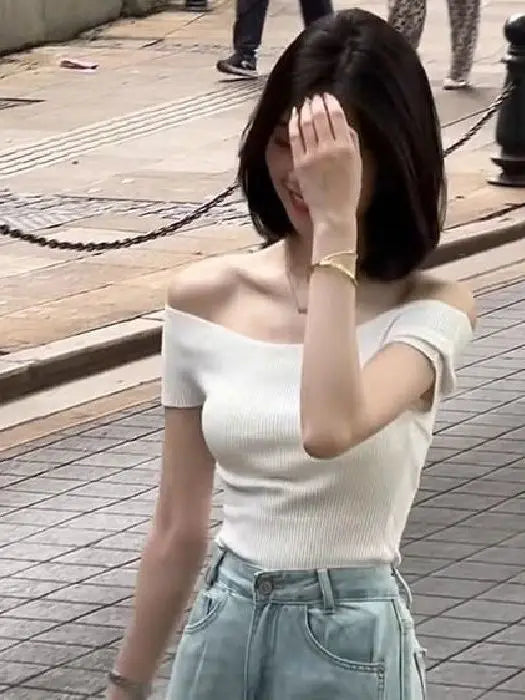 Shoulder Bared Knitted Short Sleeve T Shirt Women's Style Summer Edition Slim Fit Black Color Commute Fashion Creative Pattern