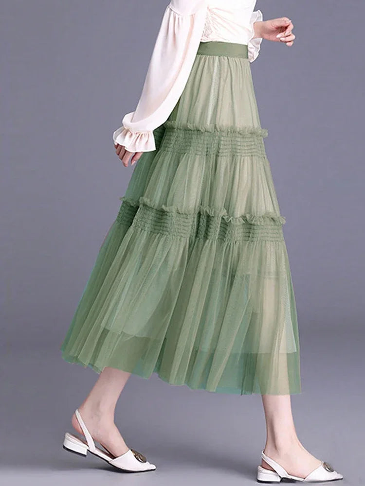Sweety Nice In Dresses Summer Pleated Long Skirts Girl Elastic Waist Fairy Tiered Skirt Women Solid Color Elegant Women's Skirts