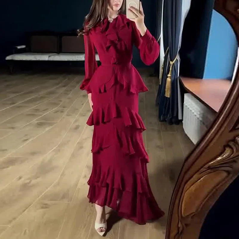 Casual Solid Chiffon Irregular Maxi Dresses Fashion Long Sleeve Women's Autumn Dress Elegant O Neck Layered Ruffle Evening Dress