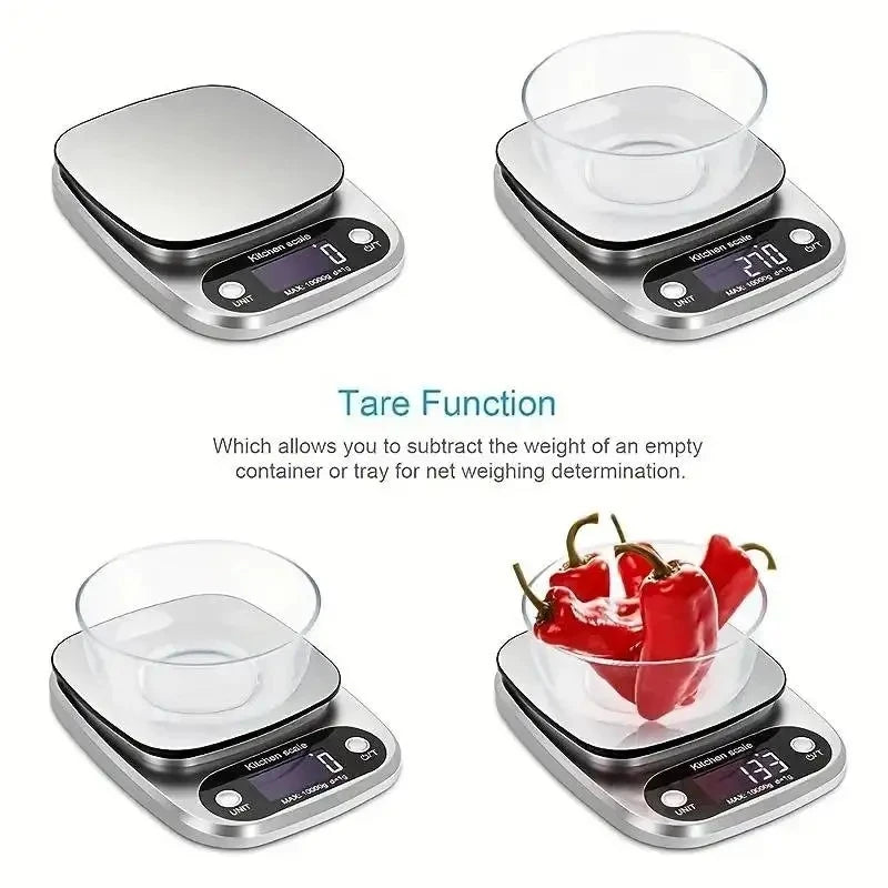 Báscula de cocina de 10 kg, báscula de cocina digital con función de tara, báscula electrónica para joyas y alimentos, pantalla LCD de acero inoxidable