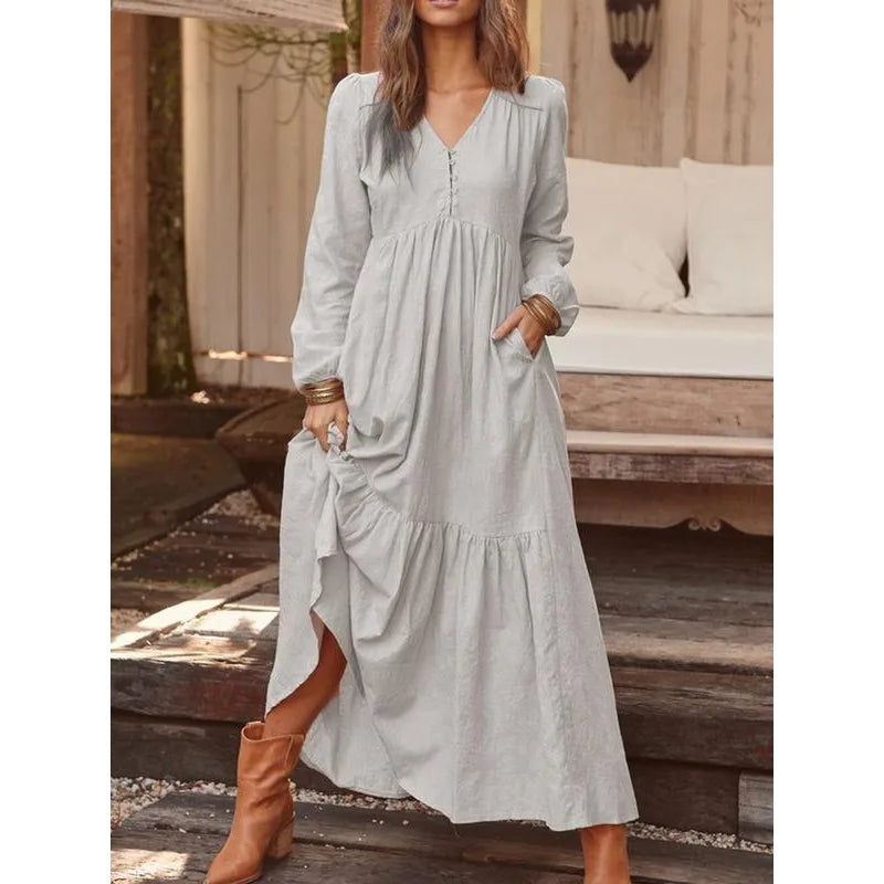 Loose Long Sleeve Cotton Linen Dress Retro Button Spring Autumn Vacation Women Skirt