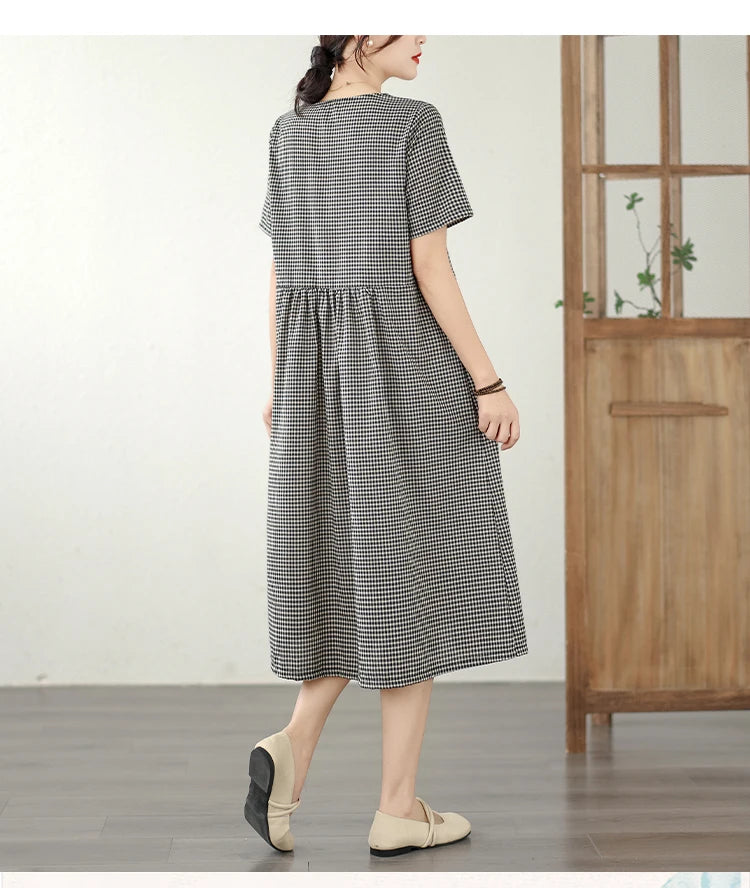 Retro Fashion Casual Plaid Dress Women Summer New V-neck Lace Splicing Loose Slimming Skirt over Knee Cotton Polyester Blend