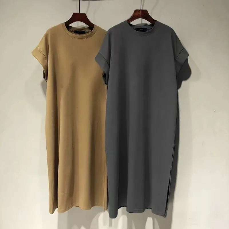 Women Cotton T-Shirt Dress Crew Neck Short Sleeve Loose Split Side Summer Casual Maxi Dress
