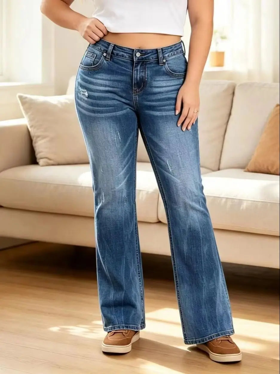 【HME】Jeans | Stretchy Medium Wash Denim Pants For Ladies, Figure-Flattering Bootcut Flare Denim Jeans With Subtle Distressed Details, All-Day Comfort Fabric, Versatile Casual Pants For Shopping, Work And Leisure Occasions