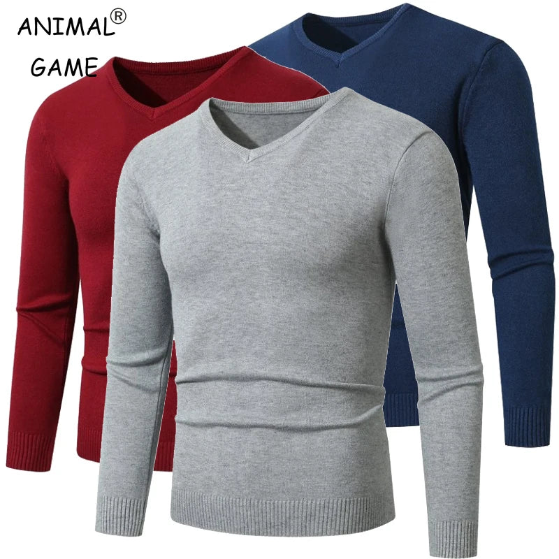 Men's Pullover V Neck Knitted Sweaters Solid Color Long Sleeve Jumper Lightweight Casual Business Pullover Slim Fit Sweater