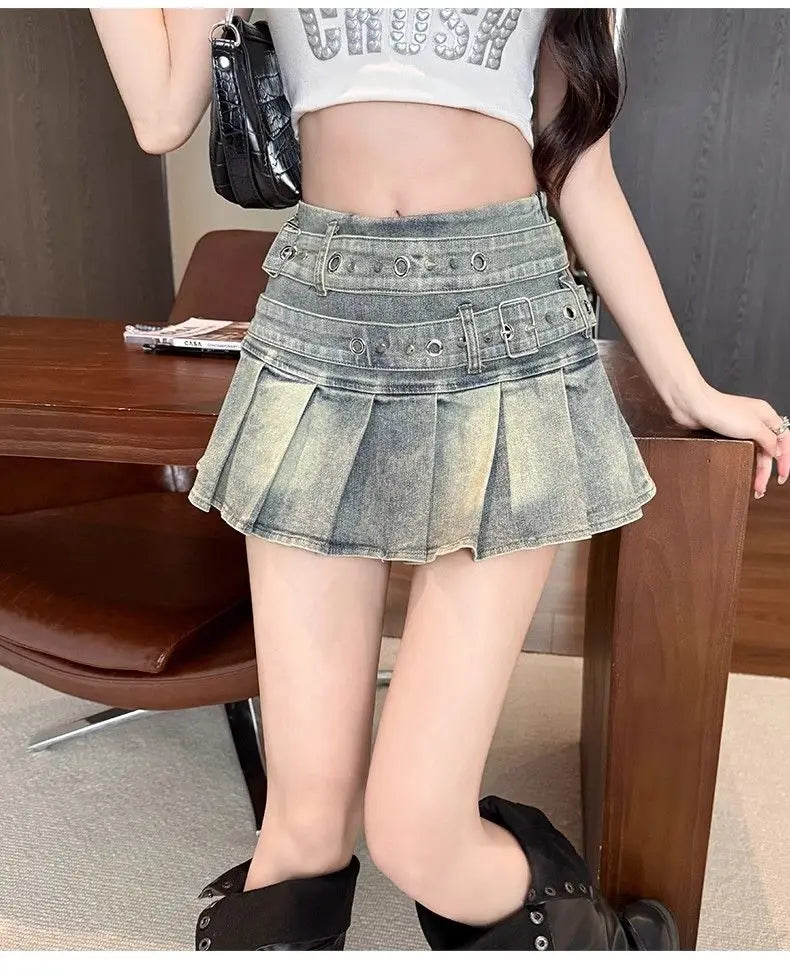Summer Harajuku Denim Pleated Skirts Womens Y2k Aesthetic High Waist Belt Gothic Skirt Vintage A-Line Streetwear Grunge Faldas