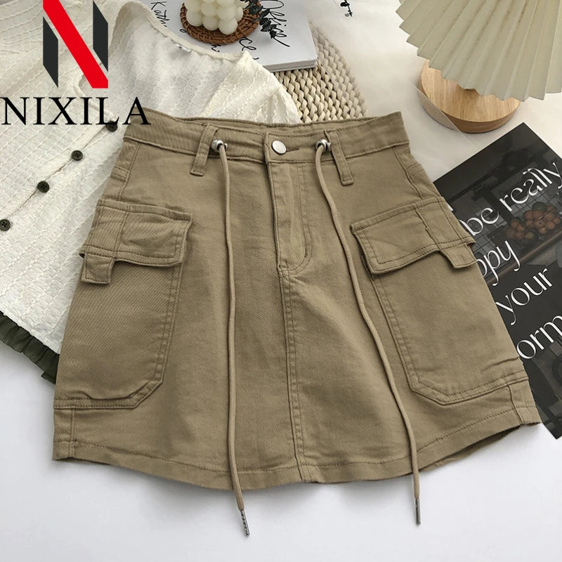 New in Women Summer Drawstring High Waist Denim Package Hip Half-body Skirt Korean Fashion Vintage Versatile Skirt Women Clothes