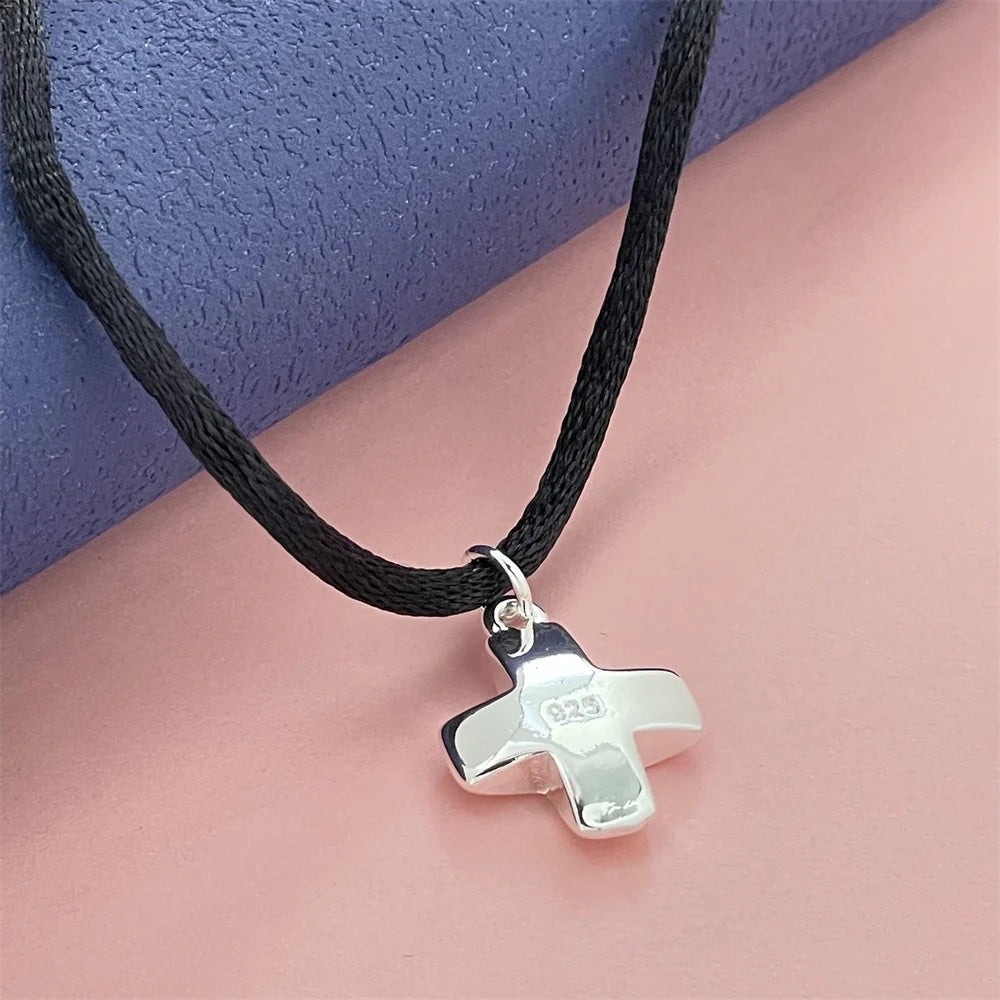 Exquisite 925 Silver Jewelry, Short Cross Pendant With Black Rope, Suitable For Daily Wear Or Giving