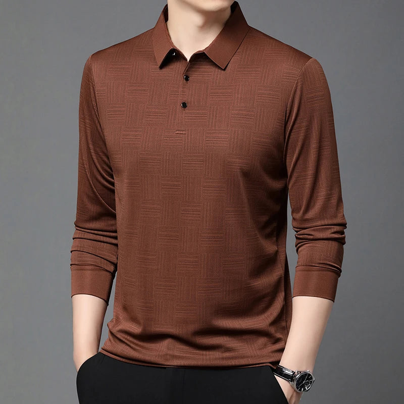 New Men's Business Casual Long Sleeved Shirt Solid Color Polo Shirt Fashionable Breathable Comfortable Versatile Top