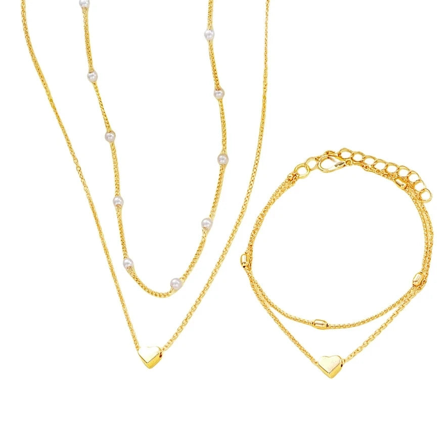Fashion Imitation Pearl Heart Jewelry Set For Women'S Gold Silver Color Round Beads Necklace Bracelet Set Daily Wear Accessories