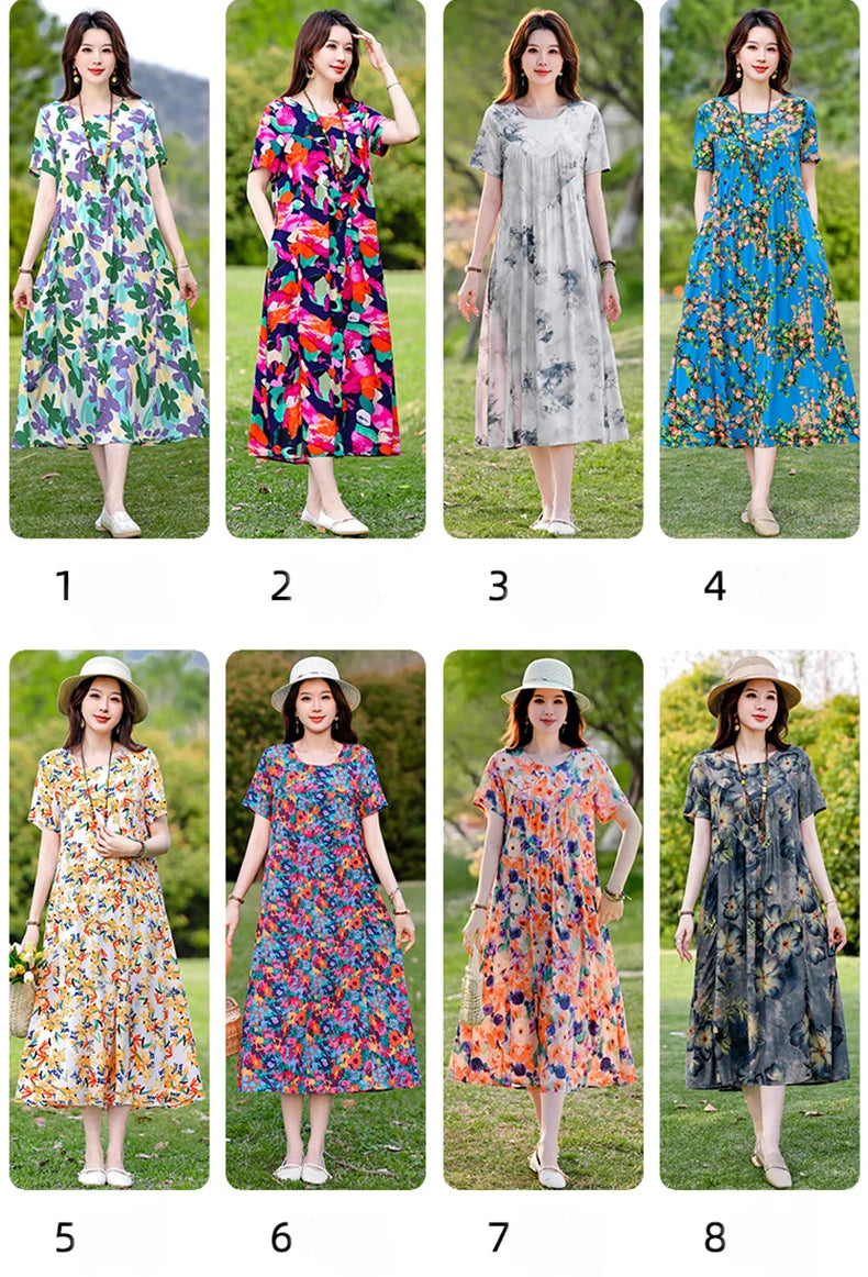 New Print plus size 2026 New Fashion Floral Printed Summer Dress Vestidos Elegant Short Sleeve Slim O-Neck Party Women clothing