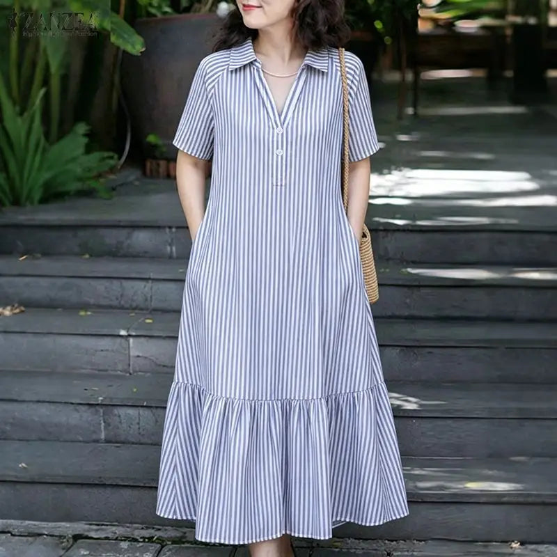 Women Summer Sundress ZANZEA Stylish Lapel Neck Striped Dress Elegant Short Sleeve Ruffled Hem Work Midi Dresses Baggy Robe 2026