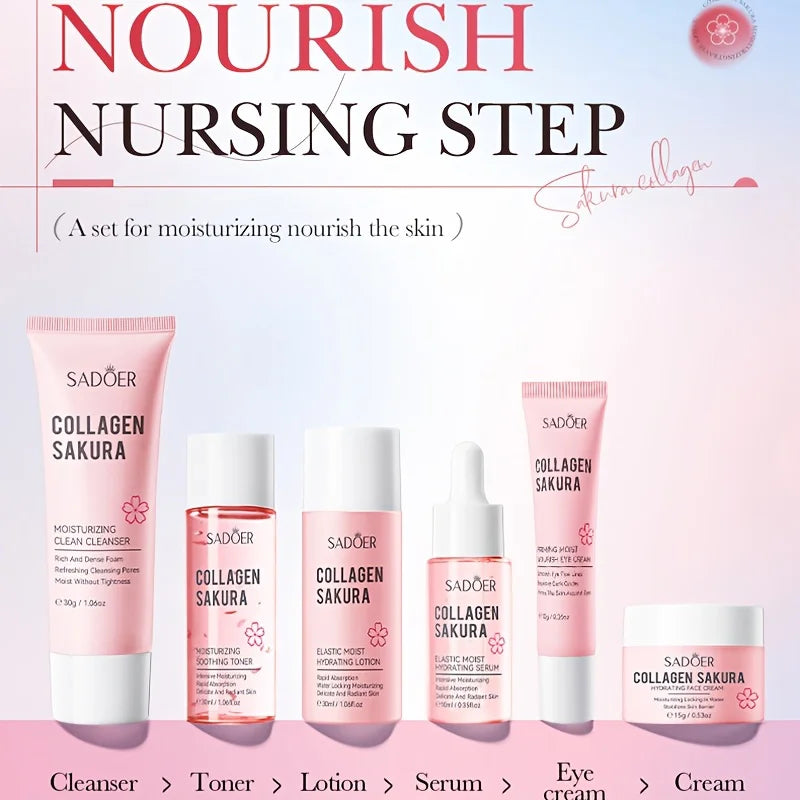 Collagen Sakura Moisturizing Travel 6-piece Set,Contain Cleanser, Toner, Lotion, Essence, Eye Cream, Face Cream, Facial Skincare