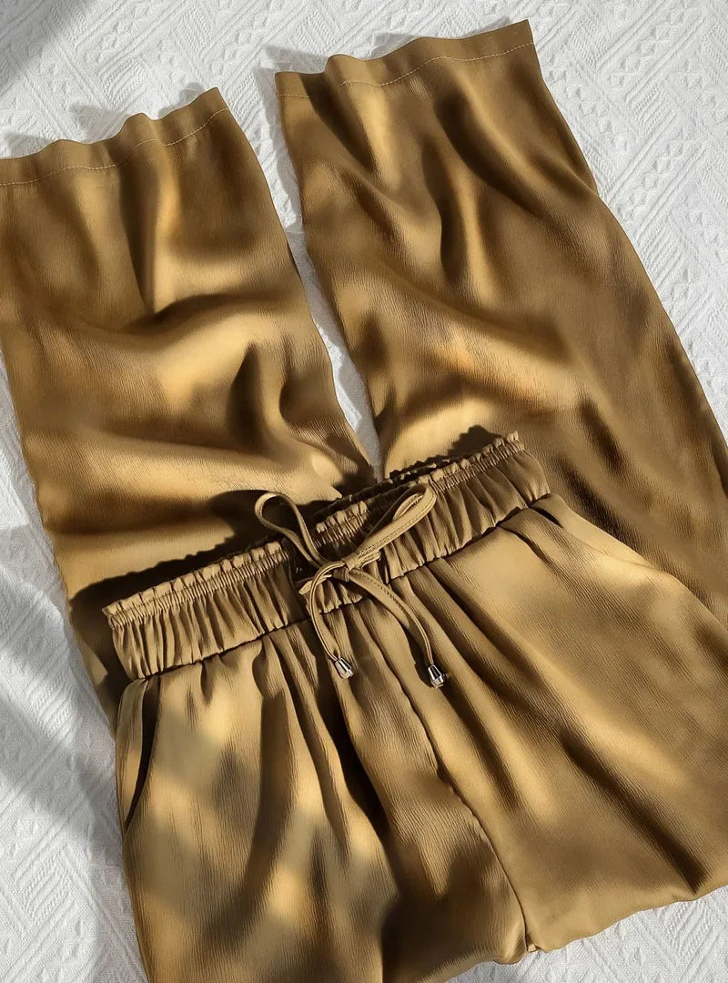 High Quality Wide Leg Pants Women Vintage Drawstring High Waist Satin Silk Pants Woman Casual Loose Straight Trousers