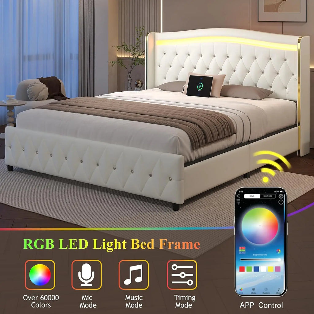 Queen Size Bed Frame, Headboard, 4 Storage Drawers, LED Lights, White | Charging Station, Upholstered Leather Bed,, Customized