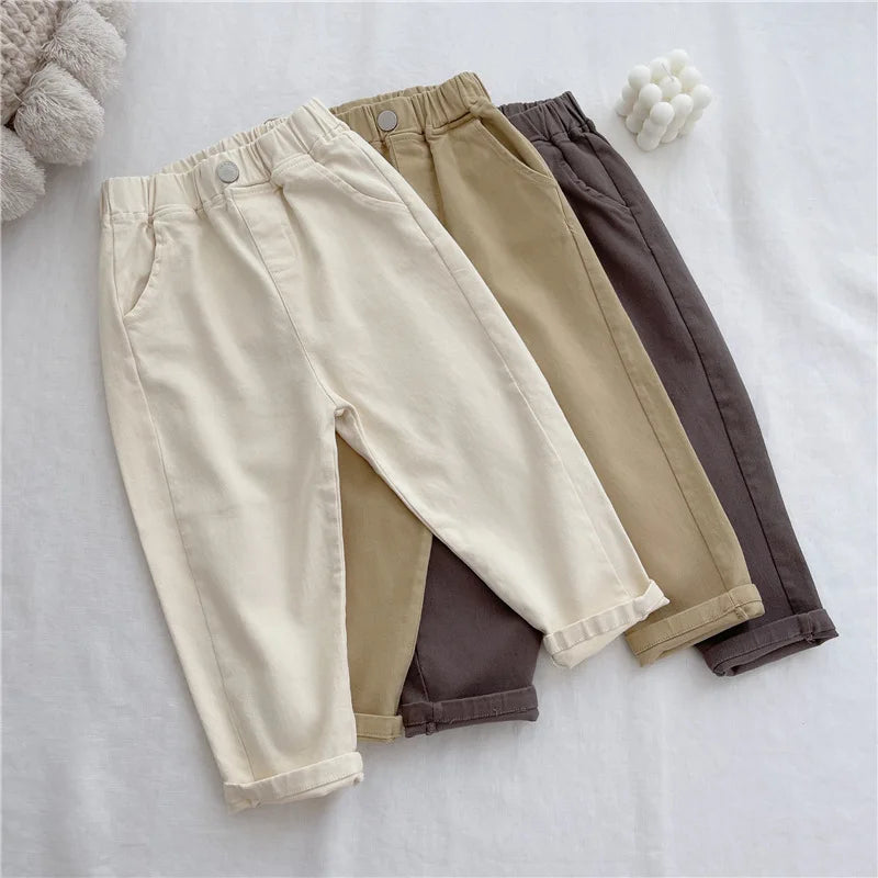 2-7Y New Autumn Casual Pants Solid Color Elastic Waist Pants with Side Pockets for Boys Girls Cotton Trousers Daily