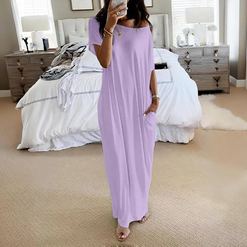 Casual Pure Color Short Sleeve Long Dress Women's Summer New Style Cross-Border TK Loose Waist Milk Fiber Straight Cut Dress