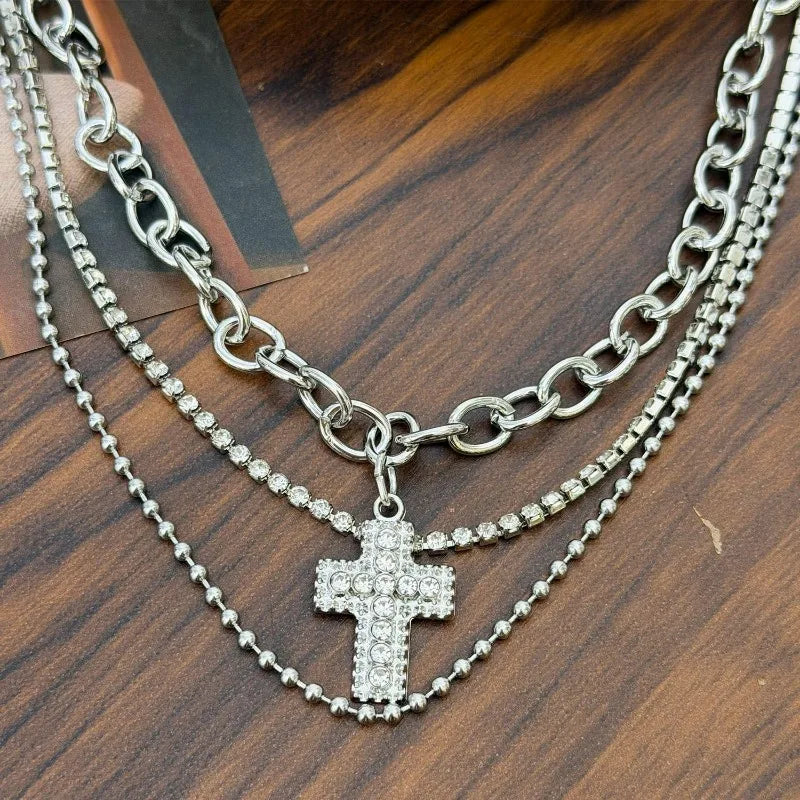 Y2K Rhinestone Cross Pendant Necklace Double Layered Silver Color Chain Choker Gothic Necklaces Party Jewelry Women Accessories