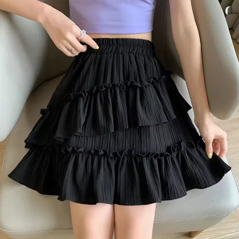 Ruffled Cake Skirts for Women High-waisted A-line Solid All-match Sweet Lovely Girls Korean Style Gentle Spring Kawaii Casual