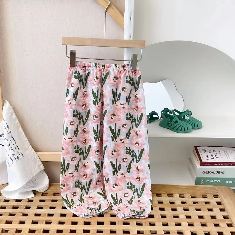 Children's Unisex Ice Silk Casual Pants - Cartoon Print Summer Home