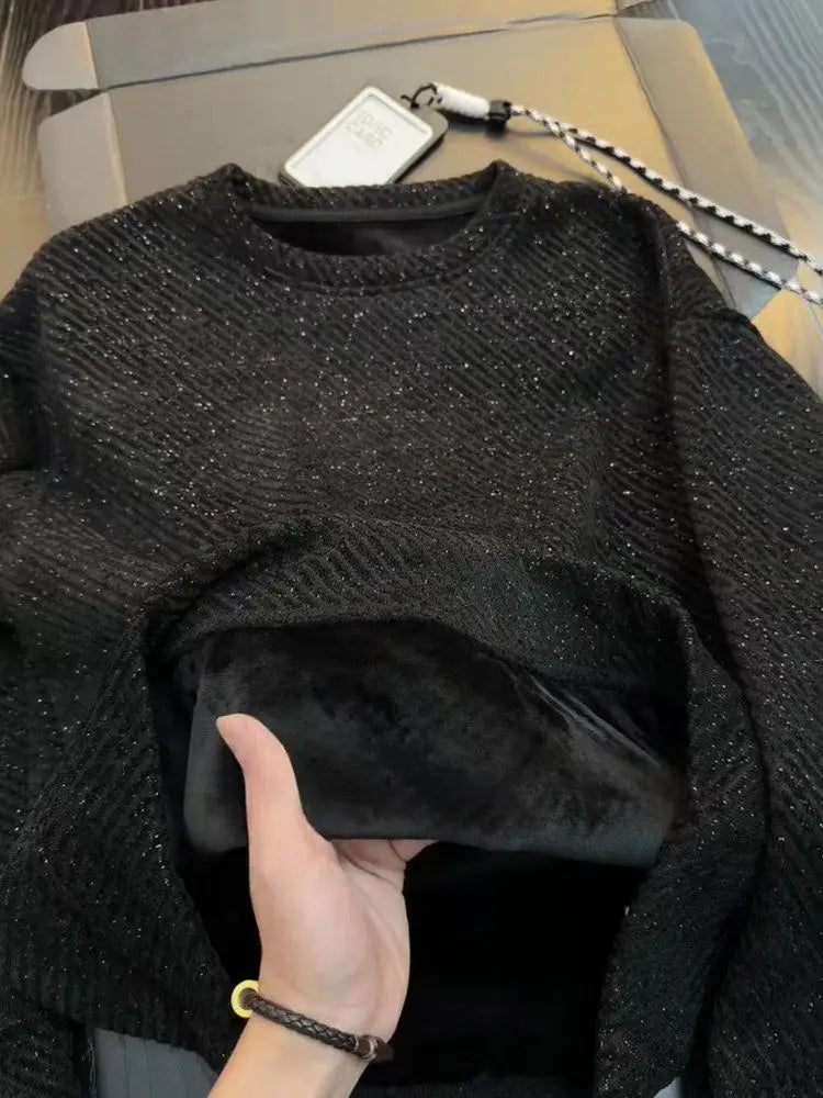 Black round Neck Long Sleeve Sweatshirt Men's Autumn Winter Heavyweight Base Layer Shirt Tianxing Comfortable Casual Style