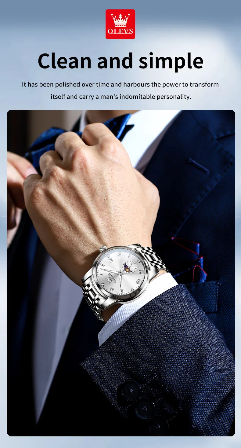 OLEVS 3656 Brand Men's Watches Fashion Original Quartz Watch for Man Waterproof Stainless Steel Luminous Wristwatch Moon Phase