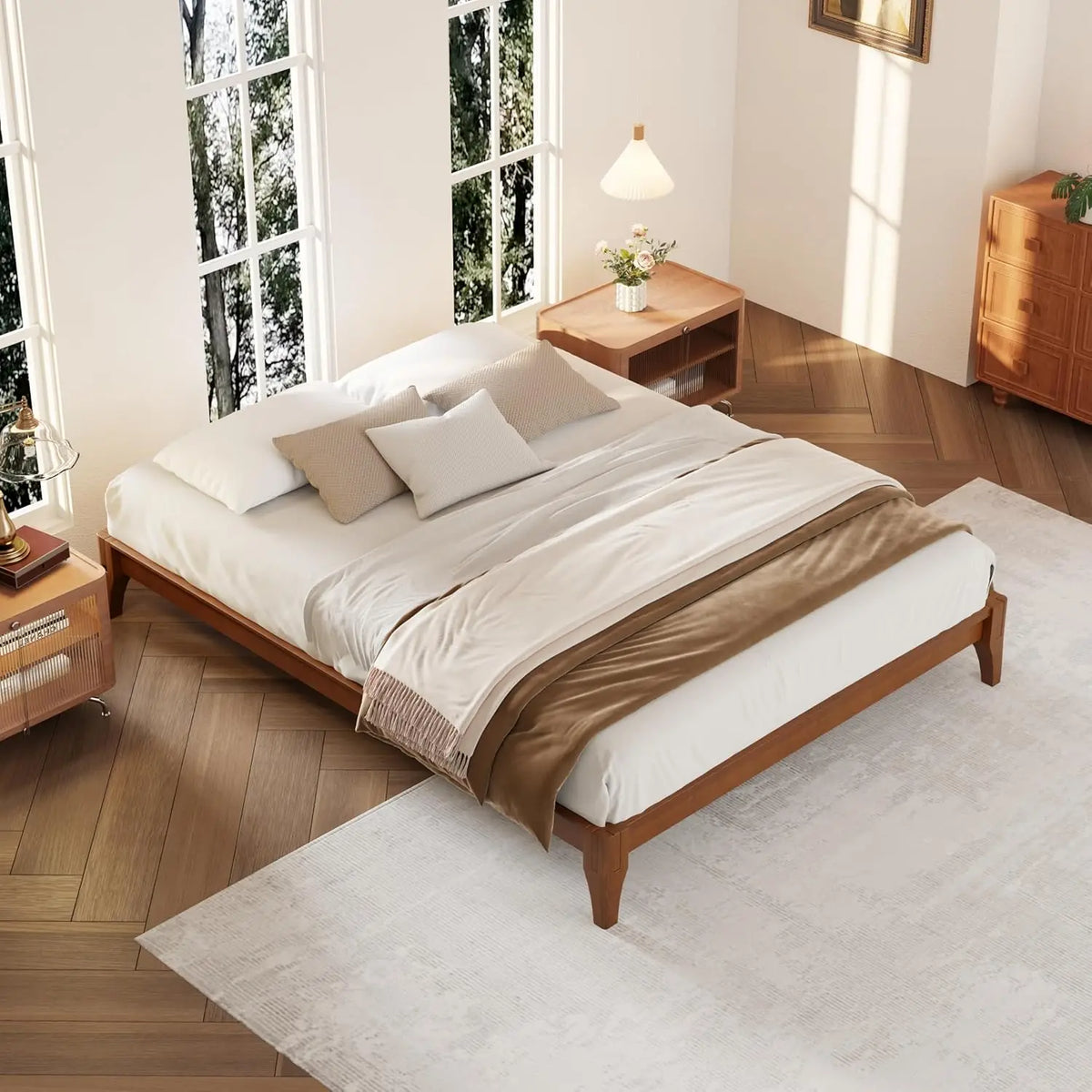 Mid-Century Bamboo Platform Bed, Queen Size Bed Frame with Wood Slat Support, No Box Spring Needed, Easy Tool-Free, Customized