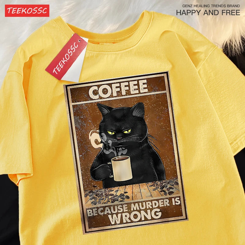 Porque Matar Está Mal Camiseta Unisex Oversize de Algodón Transpirable de Gato Negro Bebiendo Café Ropa Urbana