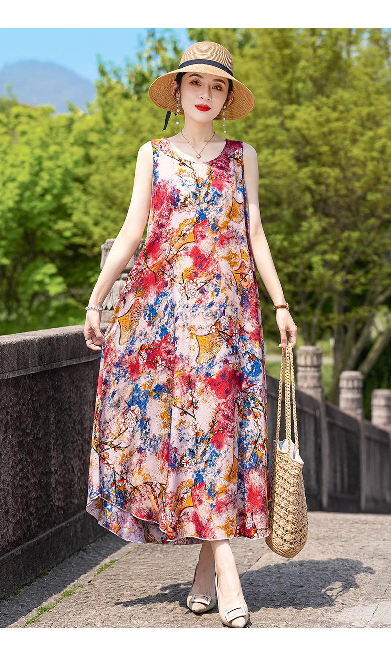 New Women Summer Dresses Vintage Dress FashionRobe Plus Size Sleeveless Femme Casual Print Dresses