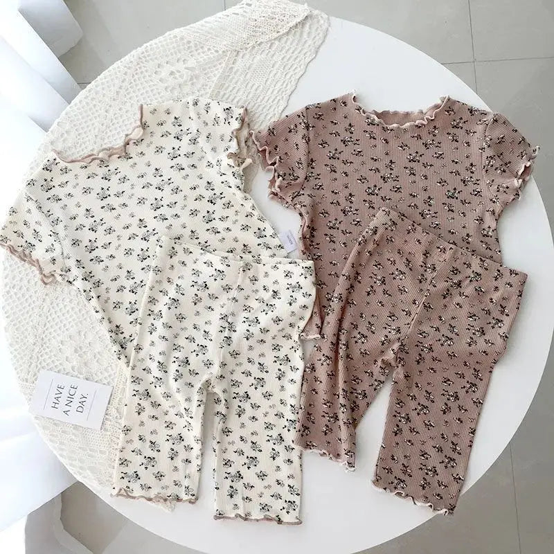 2026 Summer Fashion New Short Sleeve Round Neck Flower Printed T-shirt Top+Pants 2 Piece Set Kids Casual Home Clothes