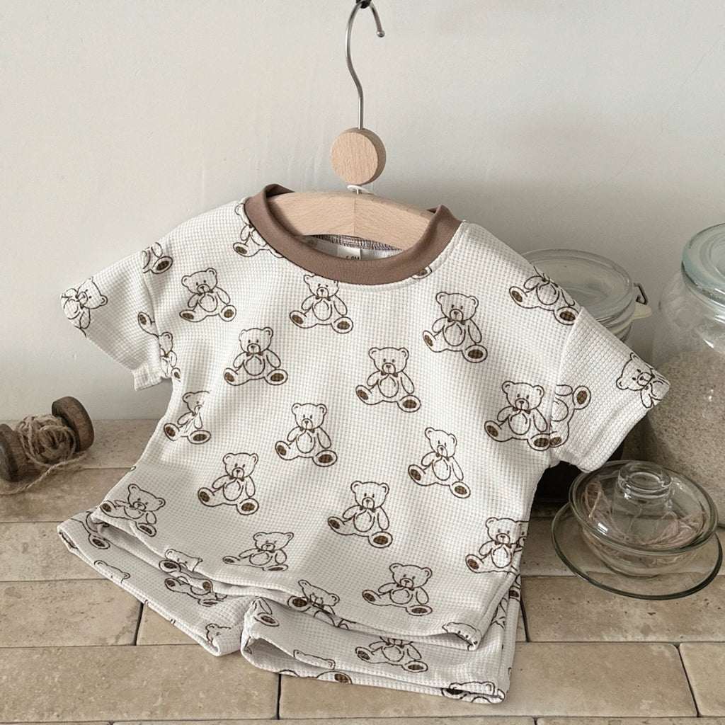 Toddler Bear Print T-Shirt + Shorts Two Piece Set Summer Boys Clothes Fashion Cartoon Cute Short Sleeve Suit