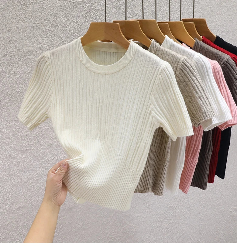 Korean Knit Crop Tee | Women's Casual Solid Basic Top