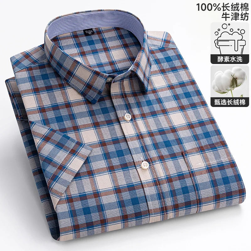 100% Cotton Breathable Men Oxford Short Sleeve Summer Plaid Striped Male Shirt Business Regular Fit Oversized Clothes