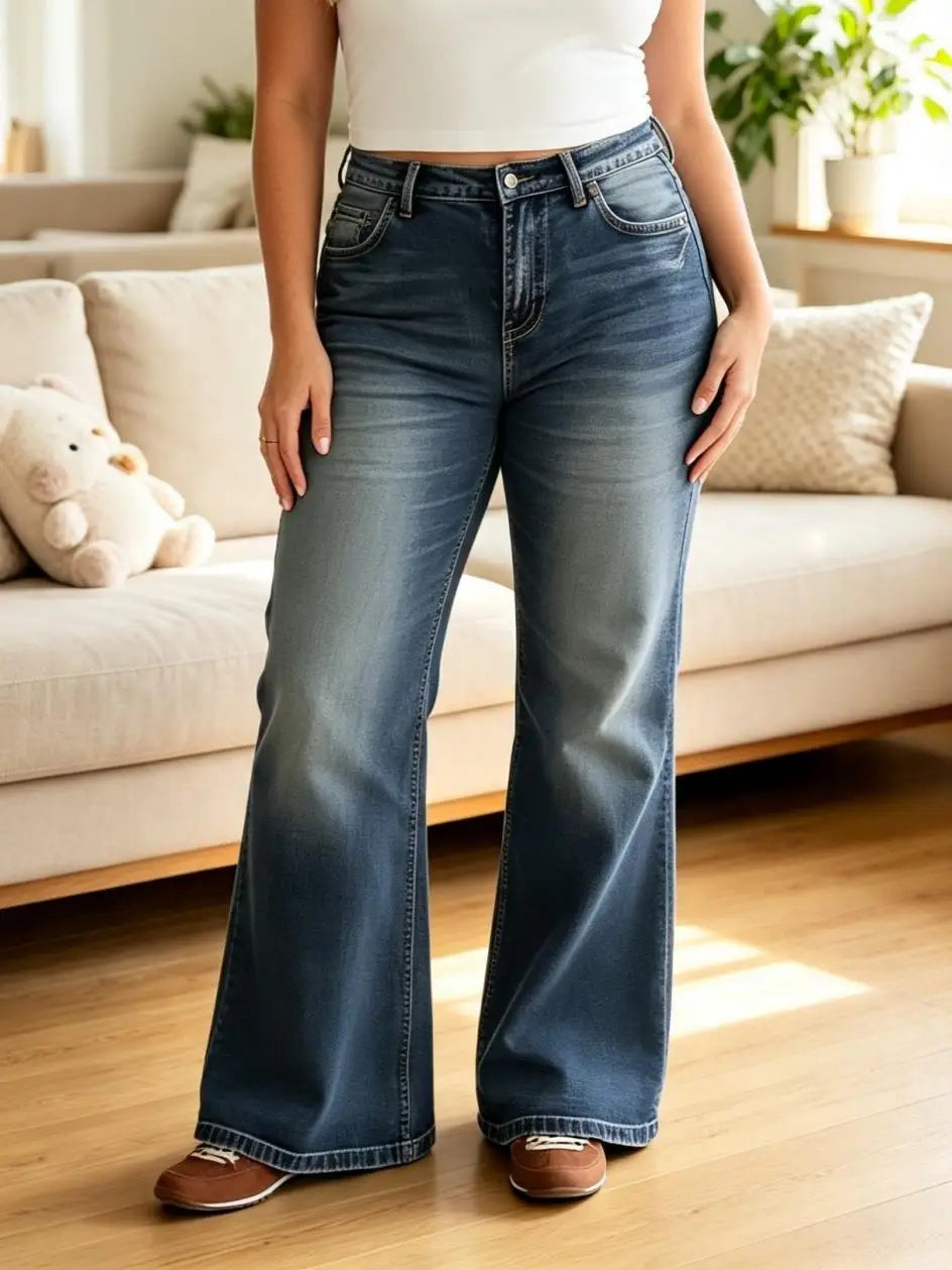 【HME】Jeans | Women Gradient Wash Denim Pants, Mid-High Waist Flare Bootcut Denim Jeans, Flap Back Pockets With Contrast Stitching, Vintage Retro Style Pants For Daily Casual & Commute Wear