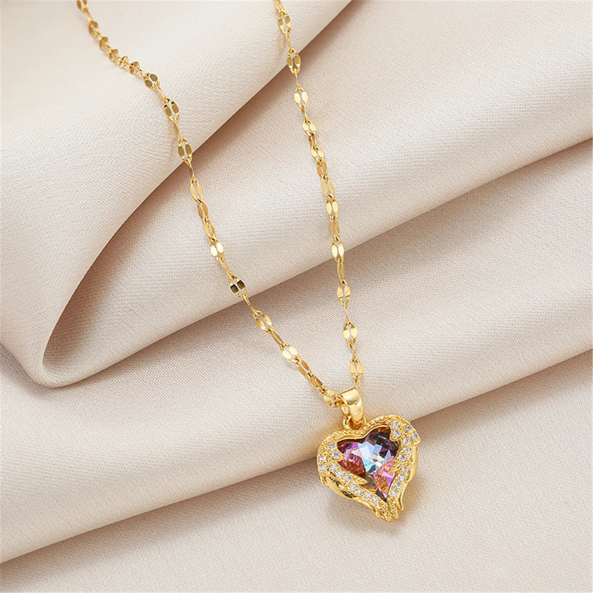 Top Luxury Colorful Crystal Ocean Heart Pendant Necklace For Women'S Trendy 316L Stainless Steel Jewelry Female Wedding Neck Chain