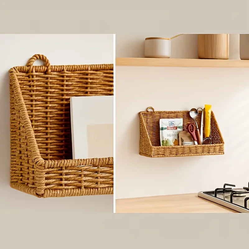 1pc Rustic Wall-Mounted Basket with Hooks - Woven Rattan Storage Hamper Suitable for Bathroom, Kitchen, Bedroom & Living Room