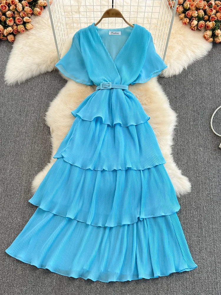 Beach Vaion Vintage Women's V-ne High-waist Cake Dr Ele Aosphere Maxi Skirt Loose Fit ort Sve Ci Commute