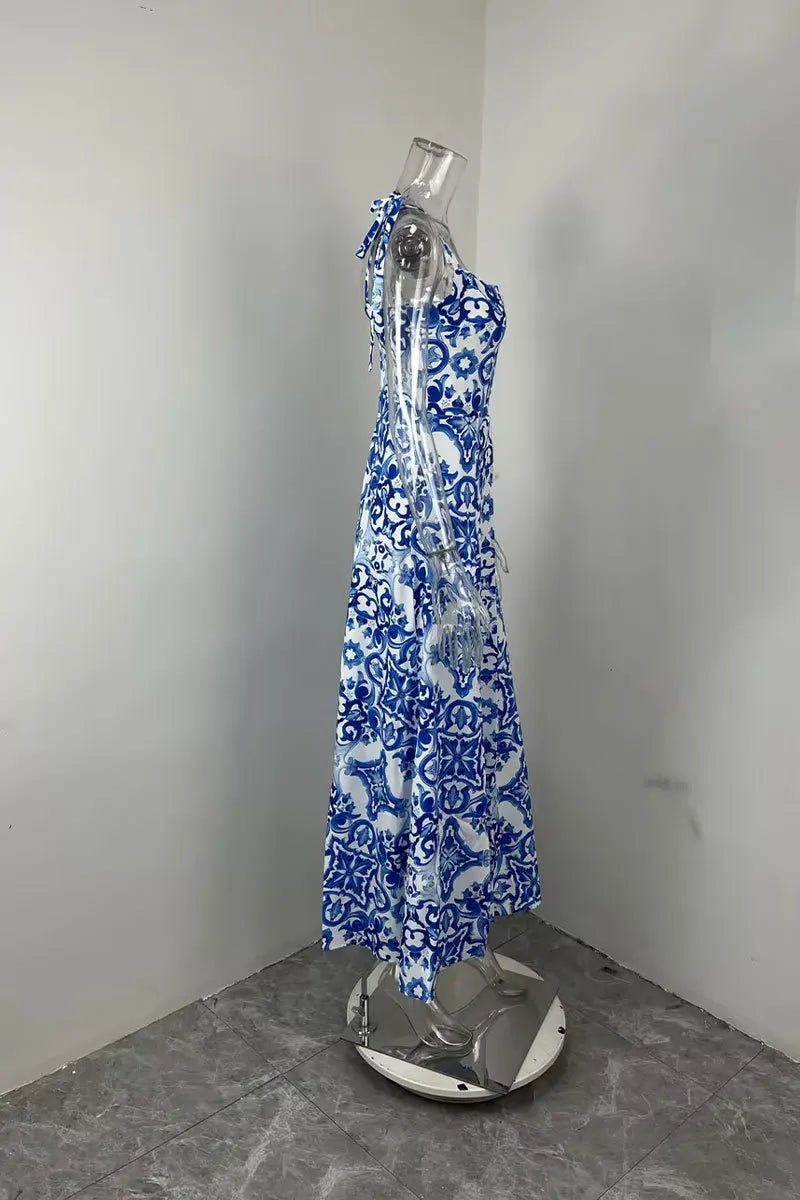 2026 Summer Elegant Woman Dress Spaghetti Strap Blue Floral Print Dresses High Waist Maxi Dress Blue White Print Slip Long Dress