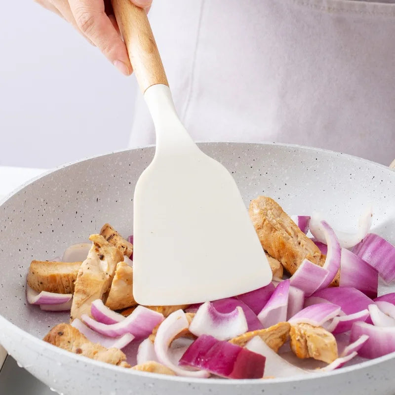 2/12Pcs White Silicone Kitchen Utensils Set with Wooden Handle,Cookware Spatula, Heat Resistant Non-stick Kitchen Cooking Tools