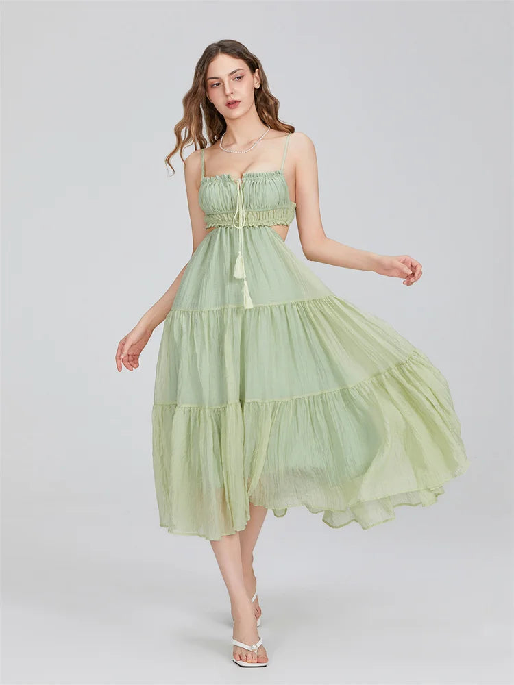 2024 Summer Women Flowy Long Dress Spaghetti Strap Cut Out Backless Ruffle A-line Dress Bohemian Party Holiday Casual Sundress