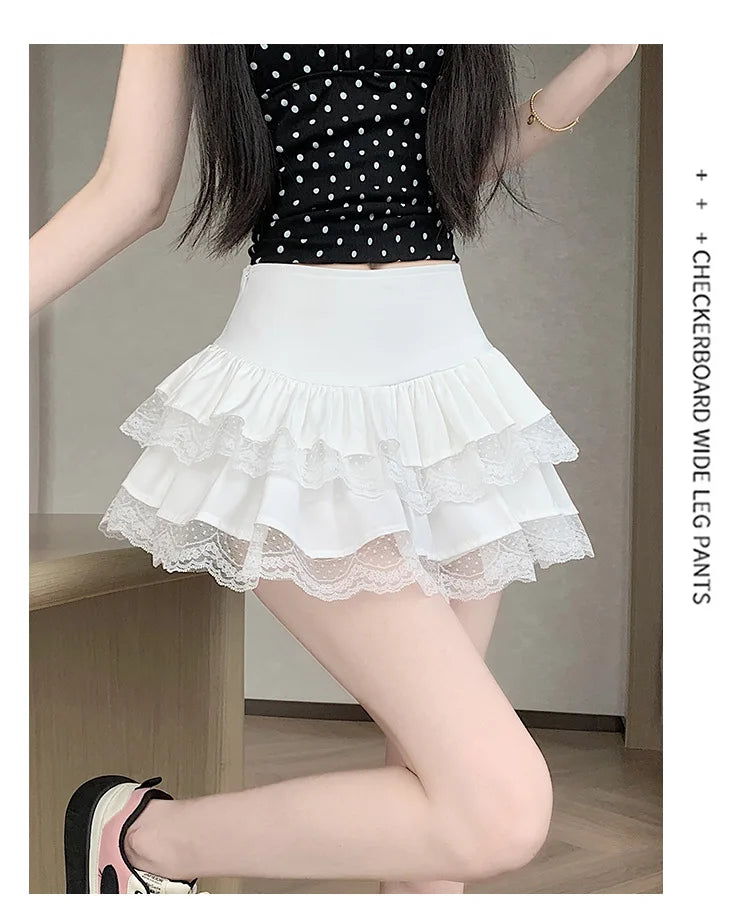 Pure Desire Lace A-Line Mini Skirt High Waist Puffy Sweet Style Short Cake Skirt Cotton Blend Fabric Summer Women's Dress
