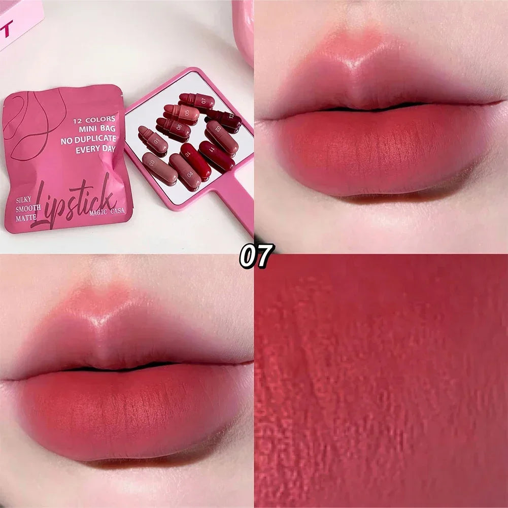 Matte Lipstick Capsule Set 12 Colors Long Lasting Non Fading Perfect Women Gift for Festival Makeup Lip Balm