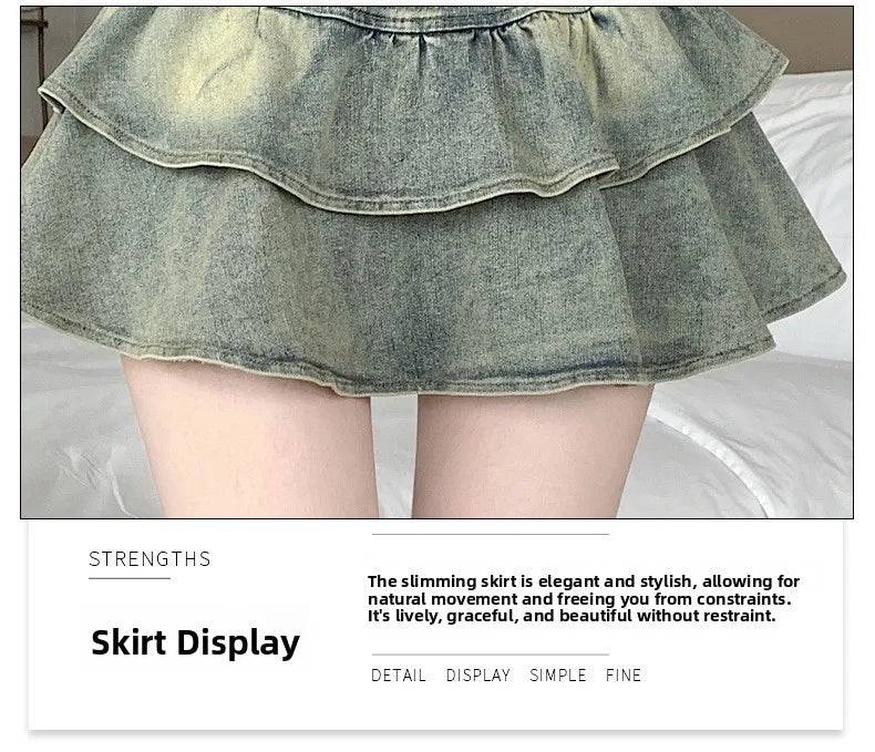 American Pure Desire Spicy Girl Design Elastic Denim Skirt Half-length Pleated Cake Skirt Short Commute High Elasticity