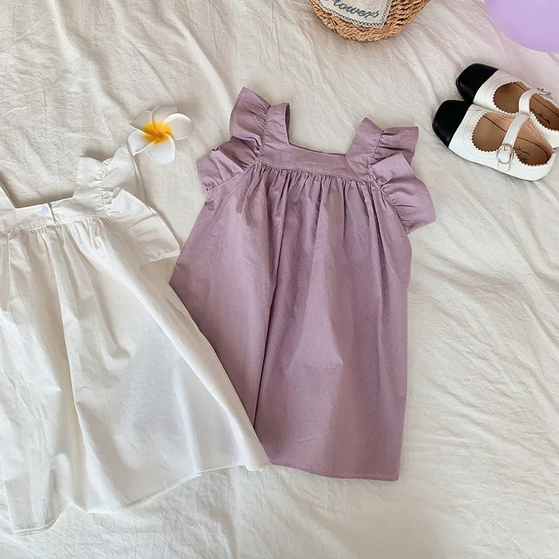 MILANCEL Girls Dresses 2024 Summer Little Fresh Kid's Flare Sleeve A-line Dress Simple Square Collar T-shirt Dress 2-7 Y