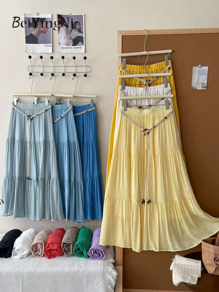 Beiyingni 2025 Summer French Women's Linen Cotton Maxi Skirts Casual Vintage Sashes Korean Long Cake Skirt Female Boho Vacation