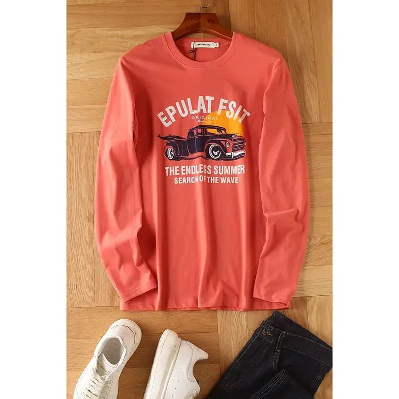Men's Premium Pure Cotton Long Sleeve T Shirt With Washed Brushed Finish Retro American Print For Men