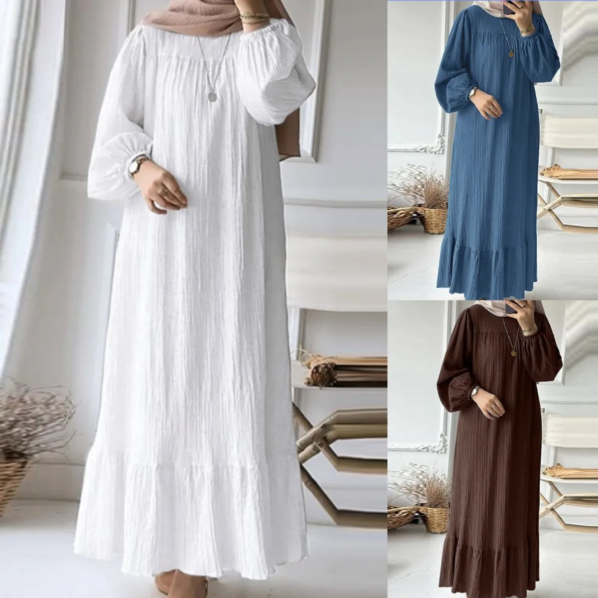Women’s Spring-Summer Textured Long Sleeve Maxi Dress Round Neck, Ruffle Hem, Loose Fit, Casual Boho Style, Vacation Beach Wear
